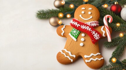A festive gingerbread man decorated with icing and a candy cane, set against a backdrop of holiday greenery and ornaments.