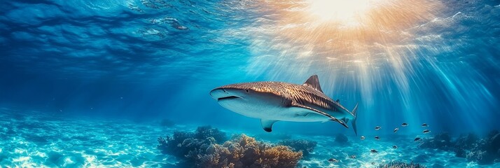 Fototapeta premium Tiger Shark in Tranquil Blue Waters, Sunlight, Coral Reef, Ocean Life, Underwater Photography