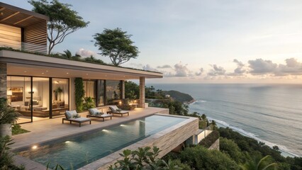 Fototapeta premium Oceanfront Villa Modern Architecture, Infinity Pool, Sunset View, Luxury Design Luxury Real Estate, Coastal Design