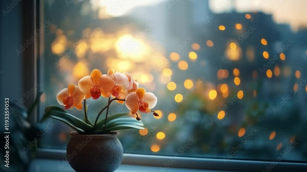 Poster a delicate orchid rests on the windowsill of a warm kitchen, showcasing vibrant blooms against a bac