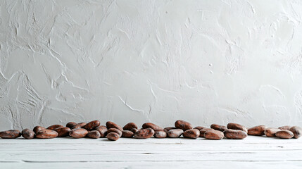 A minimalistic display of cocoa beans arranged neatly on a white wooden table, with attention to the fine texture and natural patterns of the beans.