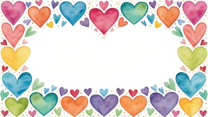 Rainbow Watercolor Heart Frame Watercolor painting of colorful hearts forming a border, romantic concept, Valentine's Day design. Valentine's Day, Watercolor hearts