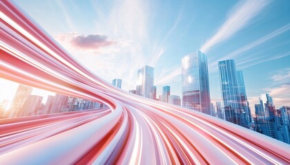 Obraz premium A dynamic view of a futuristic cityscape with streaks of light, portraying speed and technology against a vibrant sky.