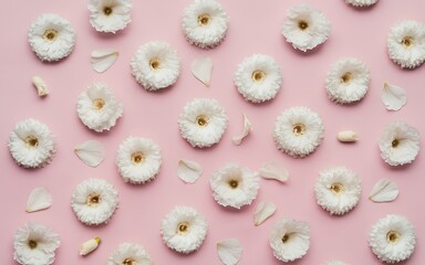 Flat lay of small white flowers with yellow centers on a warm pink background. Subtle texture from curled petals and gentle overlaps creates a fresh, minimalistic design with vibrant contrast