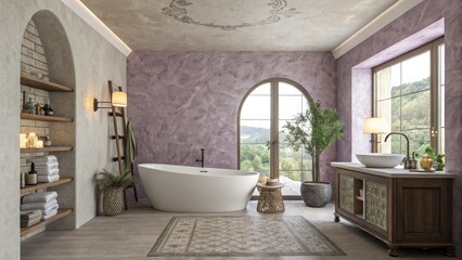 Rustic Spa Bathroom Design Freestanding Tub, Arch Window, Neutral Palette, 3D Render, Interior Design Bathroom design, 3D rendering