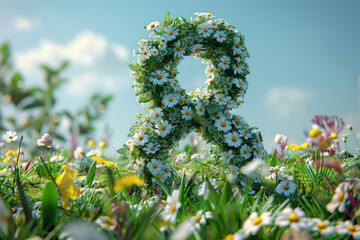 Obraz premium A vibrant depiction of March showcases a floral number eight surrounded by colorful blossoms in a lush green meadow under a clear blue sky, signifying spring's arrival.
