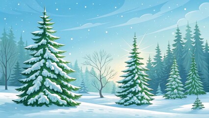 Obraz premium Snowy Winter Forest Landscape Digital Painting of Snow-Covered Pine Trees at Sunrise, Winter Wonderland, Christmas Scene Winter scene, Christmas art