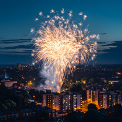 Spectacular fireworks display over a city skyline at night. Golden bursts illuminate the urban landscape.