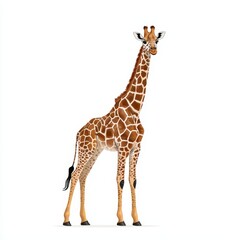 Obraz premium Elegant Giraffe Standing Tall with Distinctive Patterns and Graceful Posture Against Clean White Background in a Contemporary Illustrative Style