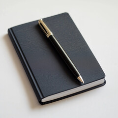 black notebook with  pen on a white background"