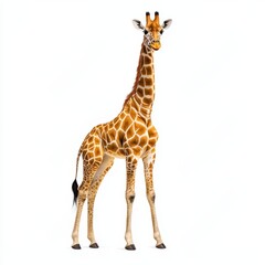 Fototapeta premium Realistic Illustration of a Standing Giraffe with Unique Patterned Coat Against a White Background for Wildlife and Nature Themes