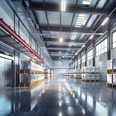 Obraz premium Pristine Food Storage Warehouse with Advanced Climate Control and Optimal Pallet Placement