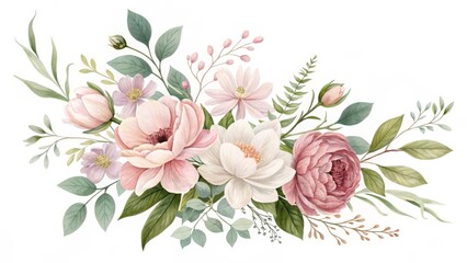 Watercolor Floral Bouquet Pastel Peonies, Roses and Greenery, Botanical Illustration, Wedding Design, Clipart Floral arrangement, Watercolor painting