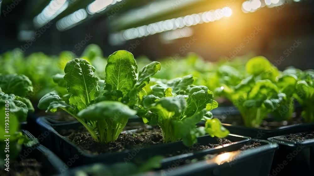 Poster lush green lettuce plants grow in neat rows within a smart agricultural field. bright artificial lig