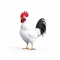 Fototapeta premium Cartoon Rooster with Bright Red Comb and Sleek Black Tail Standing Proudly Against a Plain White Background, Perfect for Illustrations and Designs