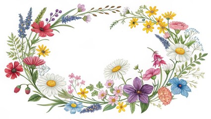 Watercolor Wildflower Wreath Circular Composition, Botanical Illustration, Floral Design, Spring Flowers Wildflowers, Wreath