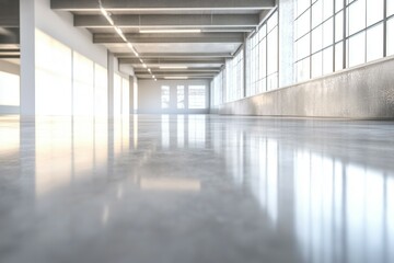 Sunlit modern industrial loft with concrete flooring and large windows.