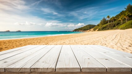 Fototapeta premium White Wooden Beach Tabletop Tropical Ocean View, Summer Concept,Horizontal Composition Beach Photography, Summer Background