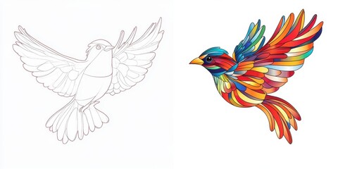 Obraz premium A detailed presentation of a bird in flight, illustrating the evolution from a simple sketch on the left to a colorful, stylized version on the right
