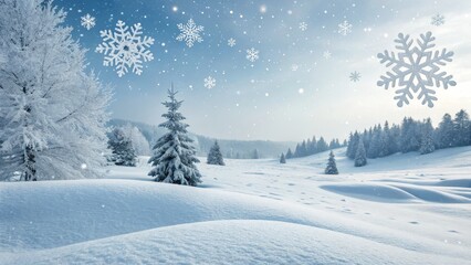 Fototapeta premium Winter Wonderland Snow-Covered Landscape with Falling Snowflakes, Winter Scene, Snowy Forest Winter, Snow