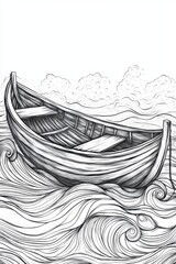 A wooden boat floats on turbulent waves, showcasing intricate lines and swirls of water while clouds loom above, creating a dramatic atmosphere in the artwork