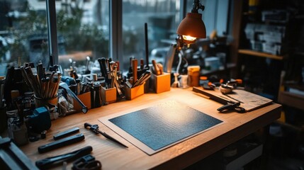 Naklejka premium A warm, inviting artisan workshop illuminated by a glowing lamp in the evening, highlighting the tools of craftsmanship and creativity within a productive environment.