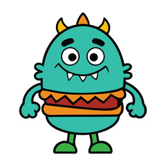 A playful mascot logo featuring a friendly monster holding a juicy burger, with vibrant colors and a fun, cartoonish design that adds a lively touch to any brand or product.