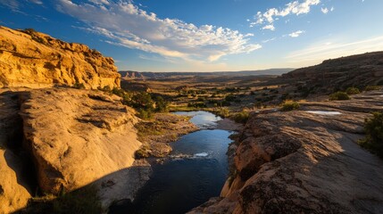 An awe-inspiring landscape showcases rocky outcrops beneath a radiant sunset sky, portraying the beauty of nature and the tranquility of vast wilderness, inviting contemplation.