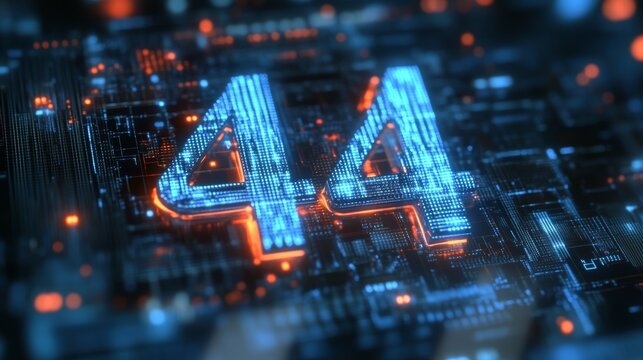 Glowing 3D Number 44 On Circuit Board With Futuristic Abstract Background, Concept, CPU, Technology