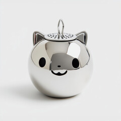 stainless steel cat-shaped tea infuser on a white background, modern tea accessory