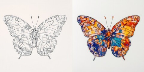 A stunning artistic representation contrasts a detailed line drawing of a butterfly with a vivid, colorful illustration, displaying creative talent and style