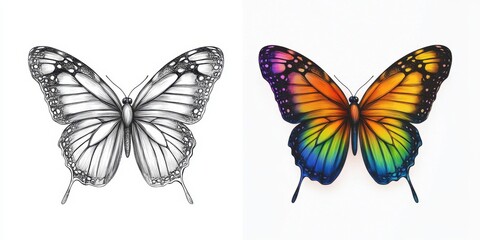 Obraz premium A stunning artwork features two butterflies, one in detailed black and white shading and the other in a bright, colorful gradient, capturing their beauty