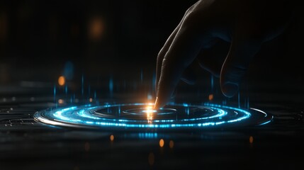 Cybersecurity Concept Finger Hovering Over Glowing Digital Interface, Futuristic Technology