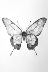 Detailed black and white portrayal of a butterfly highlights its delicate features and elegant wings, creating a striking visual effect
