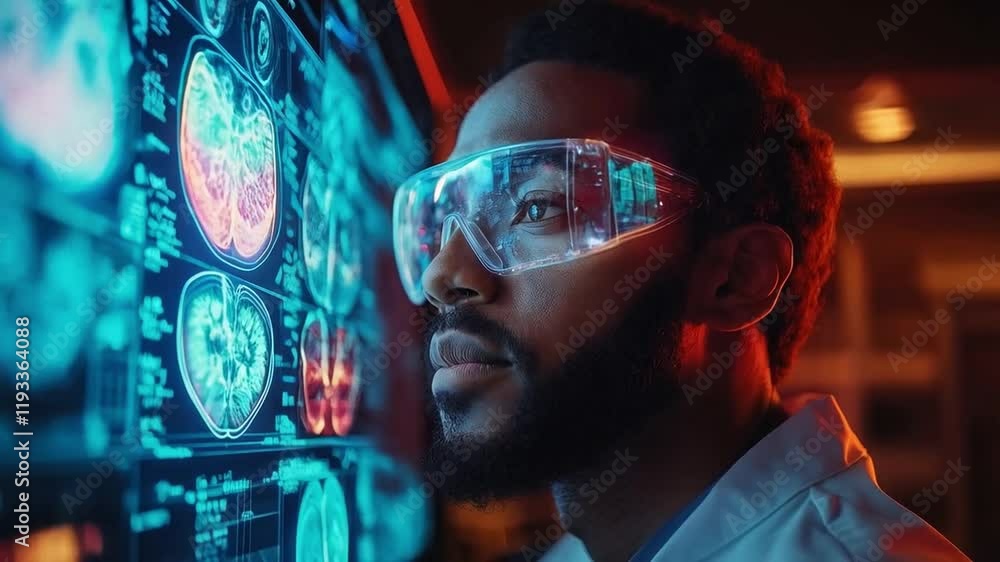 Poster A scientist examines a detailed holographic display of brain scans in a modern laboratory. The advanced technology enables precise medical analysis and research on neurological conditions.