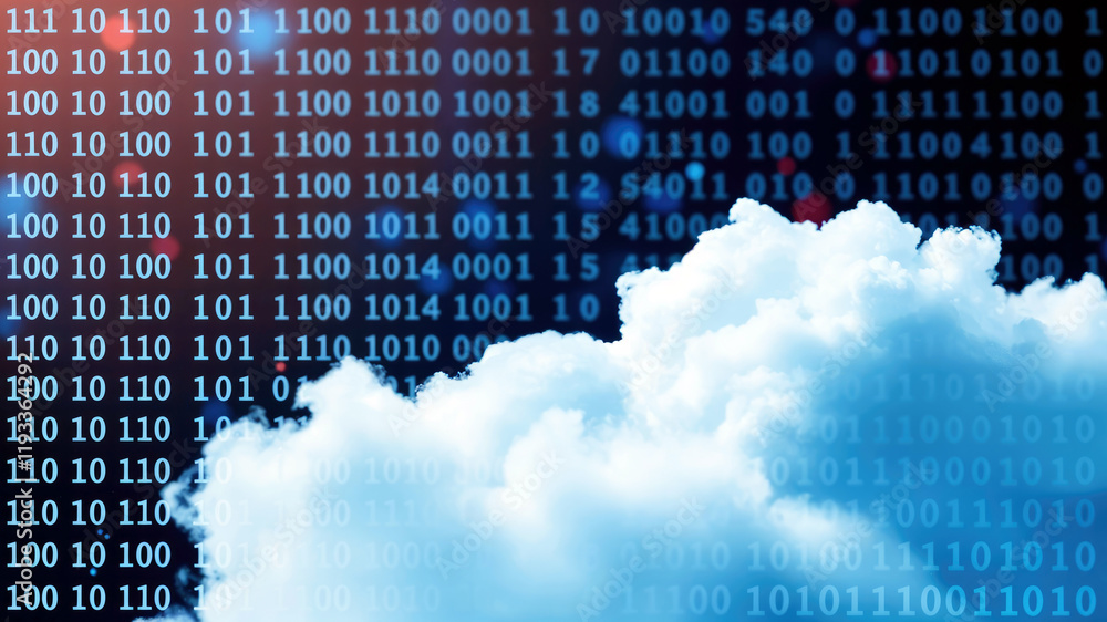 Poster Cloud computing concept fluffy clouds against backdrop of binary code symbolizing digital data storage and processing in cloud