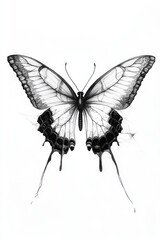 Naklejka premium An elaborate illustration features a black and white butterfly with flowing ink details, highlighting the intricate textures and patterns of its wings