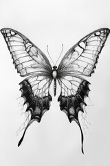Obraz premium Intricate drawing of a butterfly showcases elaborate wing designs, highlighting its delicate features and symmetrical shape in black and white tones