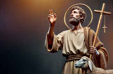 t. john baptist dressed in traditional robes, holding a staff and a lamb