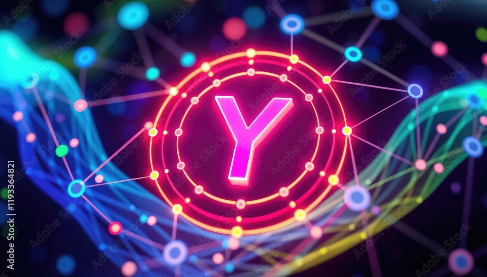 Poster neon letter in vibrant interconnected network digital concept of connection and technology