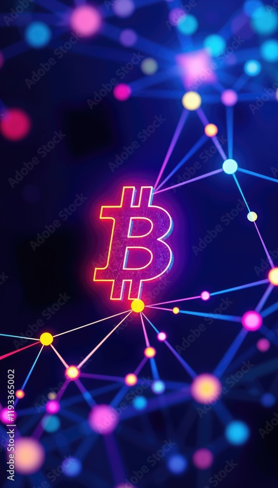Poster Glowing Bitcoin cryptocurrency symbol within vibrant network