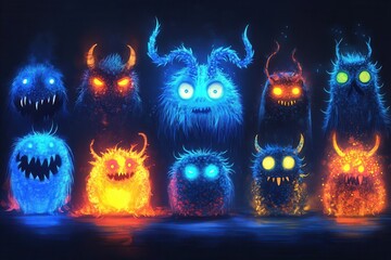 Colorful group of fantastical monsters with glowing eyes in a dark environment at night