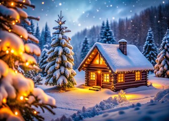 Fototapeta premium Cozy Christmas Log Cabin in Snowy Winter Wonderland - Tilt-Shift Photo