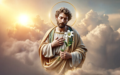 A father of catholic church Saint Joseph holding a lily, wearing a robe and a halo, suggesting a religious figure.