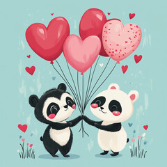 Fototapeta premium Valentine's Day Cartoon Illustration of Cute Animals with Hearts