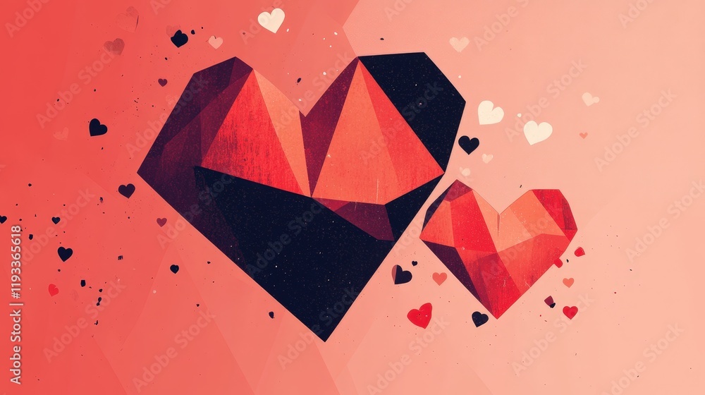 Poster valentines day card featuring a bold, modern design with geometric heart shapes, creating a dynamic 