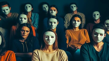 Adult Caucasian men,women masked gather indoors.Group portrays anonymity,unity dark room.Faces expressionless anonymity diverse attire.Silent gathering shows eerie calm.Concept:unity,mystery,human
