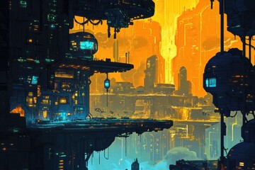 Futuristic Cityscape Elevated Structures Glowing Lights