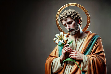 A father of catholic church Saint Joseph holding a lily, wearing a robe and a halo, suggesting a religious figure.