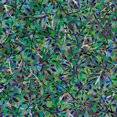 Spring summer floral, botanical, natural layered pattern with mosaic branches and leaves Green blue tones